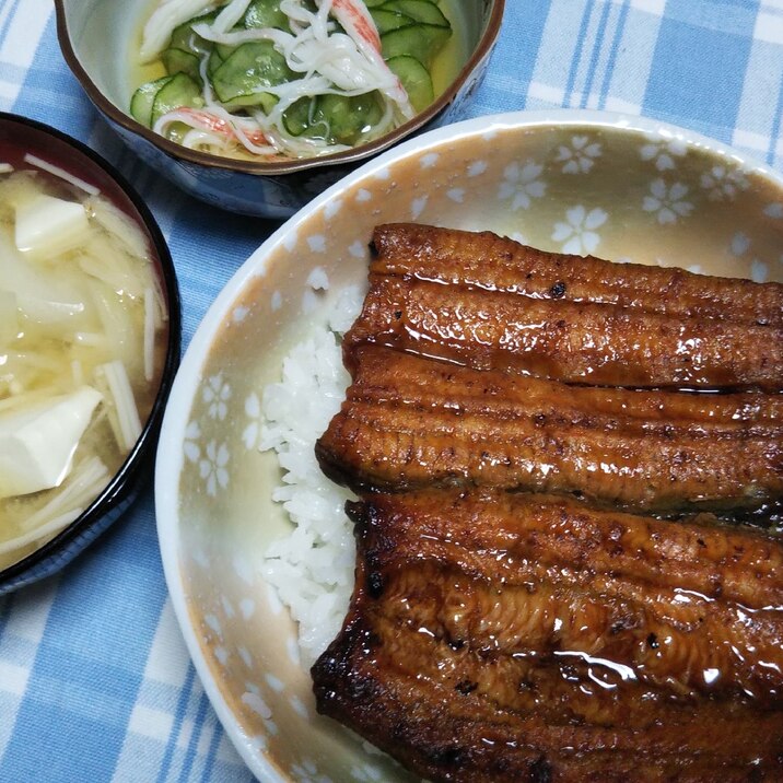 鰻丼と豆腐の味噌汁ときゅうりカニかまの酢の物の夕食